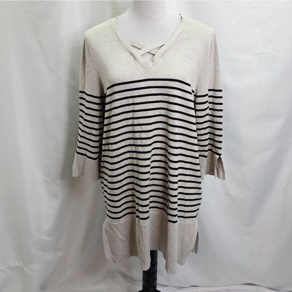Roz & Ali Cream and Black Striped Cut Out Sweater Size 1X - Picture 1 of 10